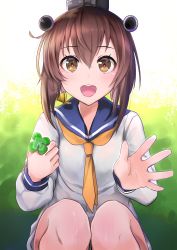 Rule 34 | 1girl, :d, blouse, brown eyes, brown hair, clover, commentary request, four-leaf clover, hair between eyes, holding, kantai collection, looking at viewer, neckerchief, open mouth, school uniform, serafuku, shirt, smile, solo, squatting, white shirt, yellow neckerchief, yukikaze (kancolle), yunamaro