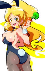 Rule 34 | 10s, 1girl, animal ears, ass, black pantyhose, blonde hair, bow, bowtie, breasts, brown pantyhose, carrot, cleavage, cure honey, detached collar, fake animal ears, female focus, hair ornament, happinesscharge precure!, large breasts, leotard, long hair, looking at viewer, looking back, magical girl, oomori yuuko, open mouth, pantyhose, playboy bunny, ponytail, precure, rabbit ears, rabbit tail, ryuuta (cure ryuuta), smile, solo, tail, wrist cuffs, yellow eyes