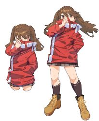 Rule 34 | 1girl, absurdres, adapted costume, brown eyes, brown footwear, brown hair, brown skirt, brown socks, covering own mouth, cowboy shot, cropped legs, full body, hand in pocket, highres, jacket, kantai collection, long hair, nanao (aoyamahikari), pleated skirt, red jacket, ryuujou (kancolle), simple background, skirt, socks, solo, white background