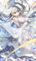 Rule 34 | 1girl, :d, bare shoulders, blonde hair, blue gemstone, blush, breasts, bridal veil, bride, dress, elbow gloves, fate/grand order, fate (series), floating hair, flower, gem, gloves, hair between eyes, headpiece, holding, jeanne d&#039;arc (fate), jeanne d&#039;arc (ruler) (fate), jewelry, kousaki rui, large breasts, long hair, looking at viewer, necklace, open mouth, petals, see-through, sidelocks, smile, solo, veil, very long hair, wedding dress, white dress, white gloves, wind