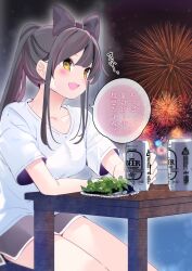 Rule 34 | 1girl, :d, aerial fireworks, beer can, black bow, black hair, blush, bow, breasts, can, chikuwa., collarbone, commentary request, drink can, fireworks, grey shorts, hair bow, highres, holding, holding can, indoors, long hair, medium breasts, multicolored hair, night, night sky, open mouth, original, pink hair, ponytail, shirt, short shorts, short sleeves, shorts, sitting, sky, smile, solo, streaked hair, table, translation request, white shirt, window, yellow eyes