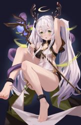 Rule 34 | 1girl, ankle cuffs, antlers, armpits, bare shoulders, barefoot, blue background, blush, breasts, cernunnos (shadowverse), commentary request, dress, feet, floating, fur trim, green hair, hair between eyes, halo, highres, holding, holding staff, horns, long hair, looking at viewer, open mouth, pelvic curtain, pointy ears, shadowverse, shorts, simple background, sitting, small breasts, snake, solo, staff, toenails, twintails, very long hair, white dress, white hair, wisp, wuzhu nis