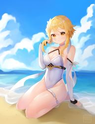 Rule 34 | 1girl, absurdres, adapted costume, adjusting hair, alternate costume, bare shoulders, beach, blonde hair, blue sky, breasts, choker, cleavage, cloud, cloudy sky, collarbone, commentary, detached sleeves, flower, full body, genshin impact, hair between eyes, hair flower, hair ornament, highleg, highres, horizon, in water, looking at viewer, lumine (genshin impact), medium breasts, miyako draw, ocean, one-piece swimsuit, parted lips, playing with own hair, revision, seiza, short hair, short hair with long locks, sidelocks, sitting, sky, solo, swimsuit, thighs, white one-piece swimsuit, yellow eyes