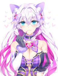 Rule 34 | 1girl, animal ears, bad id, bad pixiv id, bare shoulders, black gloves, blue eyes, bow, breasts, choker, corset, detached sleeves, dog ears, fang, fang out, fingernails, gem, gloves, hair between eyes, hair bow, heart, large breasts, long fingernails, long hair, looking at viewer, moko (shironeko project), multicolored hair, nail polish, pink hair, pink nails, saeko gds, shironeko project, short sleeves, silver hair, solo, two-tone hair, upper body, white background