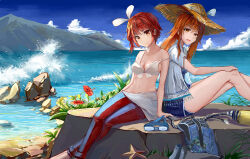 Rule 34 | absurdres, barefoot, bikini, blue sky, bodysuit, brown hair, closed mouth, collarbone, crossed ankles, diving regulator, diving suit, flower, grand blue, hair between eyes, hat, highres, knees up, kotegawa chisa, kotegawa nanaka, long hair, looking at viewer, ocean, open clothes, open mouth, open shirt, open wetsuit, outdoors, oxygen tank, rock, shirt, short hair, siblings, sisters, sitting, sitting on rock, sky, smile, starfish, strap slip, straw hat, sun hat, swim goggles, swimsuit, waves, waving, wetsuit, white bikini, white shirt, yuxia (please6)