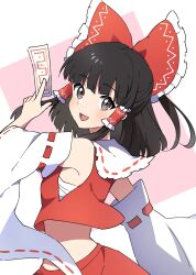 Rule 34 | 1girl, :d, ascot, bare shoulders, between fingers, black hair, blunt bangs, blush, bow, detached sleeves, frilled bow, frills, grey eyes, hair bow, hair tubes, hakurei reimu, hand up, highres, holding, japanese clothes, long sleeves, looking at viewer, looking back, midriff, miko, miz (mizillustration), nontraditional miko, ofuda, ofuda between fingers, open mouth, red bow, ribbon-trimmed sleeves, ribbon trim, sarashi, smile, solo, touhou, twisted torso, upper body, wide sleeves