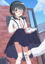 Rule 34 | 1girl, 1other, bag, black hair, black skirt, blood, blue sky, brick wall, cloud, collared shirt, day, dress shirt, feet out of frame, hair over shoulder, highres, injury, kneehighs, long hair, long sleeves, low twintails, one eye closed, open mouth, original, outdoors, pincers (tool), pleated skirt, puffy long sleeves, puffy sleeves, purple eyes, red-framed eyewear, school bag, school uniform, semi-rimless eyewear, shirt, skirt, skirt hold, sky, sleeves past wrists, socks, solo focus, standing, suspender skirt, suspenders, suspenders slip, twintails, under-rim eyewear, white shirt, white socks, yutsuki warabi
