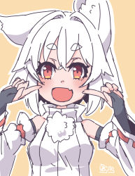 Rule 34 | 1girl, :d, animal ears, black gloves, detached sleeves, fang, fingerless gloves, gloves, highres, inubashiri momiji, kuro-ekaki, looking at viewer, open mouth, pointing, pointing at self, red eyes, short eyebrows, short hair, simple background, skin fang, smile, solo, touhou, upper body, white hair, wolf ears, yellow background
