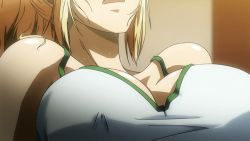 Rule 34 | 10s, 2girls, animated, animated gif, black hair, blonde hair, breasts, cleavage, covered erect nipples, freezing (series), head out of frame, large breasts, multiple girls, rana linchen, satellizer el bridget, upper body