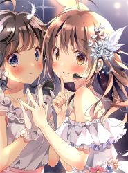 Rule 34 | 2girls, ahoge, black hair, blush, brown eyes, brown hair, commentary request, dress, earrings, feather hair ornament, feathers, flower, flower earrings, frilled gloves, frills, gloves, hair ornament, headset, holding, holding hands, holding microphone, index (toaru majutsu no index), jewelry, long hair, looking at viewer, looking back, microphone, multiple girls, original, pan (mimi), parted lips, smile, upper body, white feathers, white gloves