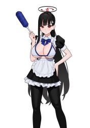 Rule 34 | 1girl, absurdres, apron, bikini, black dress, black hair, black pantyhose, blue archive, breasts, breasts out, closed mouth, commentary request, cowboy shot, cutout, dress, fffukuzawa, hair ornament, halo, highres, holding, large breasts, long hair, looking at viewer, maid, maid apron, pantyhose, ponytail, puffy short sleeves, puffy sleeves, red eyes, rio (blue archive), short sleeves, solo, standing, swimsuit, white bikini
