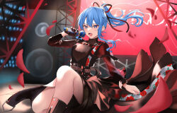 Rule 34 | 1girl, absurdres, bare legs, black gloves, black nails, blue eyes, blue hair, concert, ear piercing, floating hair, floral print, flower, gloves, hair ribbon, high ponytail, highres, holding, holding microphone, hololive, hoshimachi suisei, hoshimachi suisei (shout in crisis), idol, kneeling, long hair, microphone, official alternate costume, official alternate hairstyle, on one knee, open mouth, petals, piercing, red flower, red rose, ribbon, rose, rose petals, rose print, shinigami kiraki, single glove, solo, stage, star (symbol), star in eye, symbol in eye, teeth, virtual youtuber