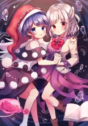 Rule 34 | 2girls, alternate eye color, black background, black dress, blue eyes, blush, book, boots, bow, bowtie, breasts, brown background, brown footwear, brown jacket, closed mouth, collared dress, commentary request, doremy sweet, dress, eyes visible through hair, fingernails, gem, gradient background, grey hair, grey legwear, hands up, hat, highres, jacket, jewelry, kishin sagume, leg up, long fingernails, long sleeves, looking at viewer, looking to the side, medium breasts, moshihimechan, multiple girls, no shoes, open book, open clothes, open jacket, open mouth, pink eyes, pom pom (clothes), ponytail, purple background, purple dress, purple hair, red bow, red bowtie, red headwear, short hair, short ponytail, single wing, smile, socks, standing, standing on one leg, tears, teeth, touhou, water drop, white dress, wings, yuri