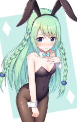Rule 34 | 1girl, animal ears, black leotard, black pantyhose, blue eyes, blush, bow, bowtie, braid, breasts, chika (princess connect!), covered navel, cowboy shot, detached collar, fake animal ears, flower, green background, hair flower, hair ornament, hand on own chest, highleg, highleg leotard, highres, leotard, looking at viewer, pantyhose, playboy bunny, princess connect!, rabbit ears, sei kousen, side braids, small breasts, solo, strapless, strapless leotard, traditional bowtie, twin braids, two-tone background, white background