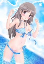 Rule 34 | 1girl, :o, aoi kanan, arms up, atelier (series), atelier totori, bad id, bad pixiv id, bikini, blue bikini, blush, cloud, day, dutch angle, embarrassed, female focus, flat chest, frilled bikini, frills, front-tie top, grey hair, long hair, looking at viewer, navel, nipples, ocean, outdoors, parted bangs, polka dot, polka dot bikini, polka dot swimsuit, public indecency, public nudity, purple eyes, pussy, see-through, side-tie bikini bottom, sidelocks, sky, soaking feet, solo, sparkle, standing, surprised, sweatdrop, swimsuit, torn clothes, totooria helmold, uncensored, untied, wading, wardrobe malfunction, water