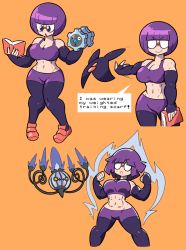Rule 34 | 10s, 1girl, abs, bad id, bad pixiv id, bike shorts, black pantyhose, blunt bangs, bob cut, book, breasts, chandelure, creatures (company), dumbbell, elite four, english text, exercising, fingerless gloves, game freak, gen 5 pokemon, glasses, gloves, highres, klink, large breasts, midriff, muscular, muscular female, nintendo, opaque glasses, pantyhose, pokemon, pokemon (creature), pokemon bw, powering up, purple hair, shauntal (pokemon), shenanimation, short hair, simple background, smile, weightlifting