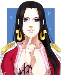 Rule 34 | 1girl, bad id, bad pixiv id, black hair, blue eyes, boa hancock, breasts, cleavage, earrings, finger to mouth, heart, jewelry, large breasts, long hair, looking at viewer, may c (lovemeiko), one piece, smile, snake earrings, solo, upper body
