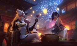 Rule 34 | 2girls, alcohol, architecture, bare shoulders, commentary, crossed legs, cup, drinking glass, east asian architecture, english commentary, fireworks, food, genshin impact, highres, lantern, long hair, looking at viewer, multiple girls, night, ningguang (genshin impact), raikoart, sitting, wine, wine glass, yelan (genshin impact)