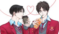 Rule 34 | 330armeria, black hair, brown hair, cup, drinking glass, drinking straw, eren yeager, green eyes, levi (shingeki no kyojin), shingeki no kyojin, short hair, tagme
