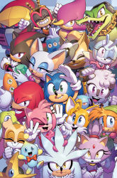 Rule 34 | 6+boys, 6+girls, :d, ;d, absurdres, amy rose, arm up, artist name, bandaged arm, bandages, belle the tinkerer, black fur, blaze the cat, blue eyes, bow, bowtie, chain, chain necklace, chao (sonic), chaos emerald, charmy bee, cheese (sonic), clenched hands, closed eyes, closed mouth, comic cover, commentary, cover, cover image, cream the rabbit, e-123 omega, english commentary, espio the chameleon, evan stanley, everyone, eyeshadow, fangs, flying, furry, furry female, furry male, gauntlets, gem, gemerl, gloves, goggles, goggles on head, green eyes, green gemstone, grey fur, grin, hand on own hip, hand up, happy, headphones, highres, holding, holding gem, horns, jewel the beetle, jewelry, knuckles the echidna, lipstick, looking at viewer, looking up, makeup, multicolored fur, multiple boys, multiple girls, necklace, official art, one eye closed, open mouth, orange fur, pink eyes, pink fur, ponytail, purple eyes, purple fur, red bow, red bowtie, red eyes, red fur, robot, rouge the bat, scales, shadow the hedgehog, silver the hedgehog, sleeveless, smile, smirk, sonic (series), sonic the hedgehog, sonic the hedgehog (idw), tails (sonic), tangle the lemur, teeth, tongue, upper teeth only, v, vector the crocodile, whisper the wolf, white fur, wisp (sonic), yellow eyes, yellow fur