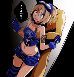 Rule 34 | 1boy, 1girl, blue eyes, blush, grabbing another&#039;s breast, breasts, burning stone (module), goggles, goggles on head, grabbing, hetero, heterochromia, highres, kagamine rin, light brown hair, medium breasts, midriff, navel, open mouth, project diva (series), red eyes, short hair, standing, tears, thighhighs, tsukishiro saika, vocaloid