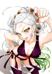 Rule 34 | 1girl, absurdres, arm up, armpits, beans, bent over, bikini, breasts, cleavage, daki (kimetsu no yaiba), fang, fingernails, food, frown, green eyes, green hair, hair ornament, hair pulled back, hair stick, hand on own hip, highres, holding, holding food, kimetsu no yaiba, large breasts, long fingernails, long hair, looking at viewer, multicolored hair, nail polish, oni, poffso, ponytail, setsubun, side-tie bikini bottom, slit pupils, solo, soybean, swimsuit, thighhighs, two-tone hair, veins, very long hair, white hair