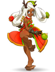 Rule 34 | 1girl, antlers, bare legs, bell, black eyes, breasts, brown gloves, character request, choker, cleavage, commentary, dark-skinned female, dark skin, dofus, dress, english commentary, freckles, full body, geta, gloves, hair ornament, highres, horns, inktober, long hair, long skirt, medium breasts, multicolored clothes, multicolored dress, neck bell, pac-man eyes, red choker, running, showgirl skirt, skirt, studded gloves, toes, twintails, wakfu, white hair, xfiro