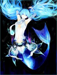 Rule 34 | 1girl, alternate eye color, alternate hair color, aqua eyes, aqua hair, armpits, arms up, belt, black background, blue eyes, blue hair, cyanblue, detached sleeves, elbow gloves, floating hair, gloves, hatsune miku, hatsune miku (append), long hair, matching hair/eyes, mermaid, monster girl, necktie, open clothes, shirt, simple background, sleeveless, sleeveless shirt, solo, tegaki, twintails, underwater, very long hair, vocaloid, vocaloid append
