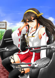Rule 34 | 10s, 1girl, adjusting hair, black thighhighs, brown eyes, brown hair, cannon, detached sleeves, hairband, haruna (kancolle), highres, kantai collection, long hair, machinery, nontraditional miko, skirt, solo, striped, thighhighs, torohi (marutorohi), turret