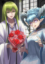 Rule 34 | 1girl, 1other, androgynous, aqua dress, aqua hair, blue nails, bouquet, collarbone, commentary, curled horns, dragon horns, dress, enkidu (fate), fate/grand order, fate (series), fingernails, flower, green eyes, green hair, grey horns, hair between eyes, height difference, highres, holding, holding bouquet, horns, indoors, ksfactory, larva tiamat (fate), larva tiamat (first ascension) (fate), long hair, nail polish, open mouth, pink eyes, pink flower, pointy ears, red flower, robe, smile, striped clothes, striped dress, symbol-shaped pupils, tiamat (fate), very long hair, white robe, wide sleeves, window, x-shaped pupils, x x