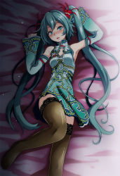 Rule 34 | 1girl, armpits, bed sheet, blue eyes, blue hair, blush, breasts, brown thighhighs, cleavage cutout, clothing cutout, detached sleeves, dress, emerald (module), from above, full body, green dress, green sleeves, hair between eyes, hair ornament, hatsune miku, head tilt, highres, long hair, long sleeves, looking at viewer, open mouth, print dress, print sleeves, project diva (series), short dress, sleeveless, sleeveless dress, small breasts, solo, sweatdrop, thighhighs, tsukishiro saika, twintails, very long hair, vocaloid, zettai ryouiki