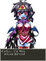 Rule 34 | 1girl, belt, black hair, blue skin, breasts, colored skin, corruption, demon girl, dragon quest, dress, female focus, open mouth, red eyes, smile, solo, demon girl, sword, torn clothes, weapon, white background