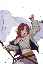 Rule 34 | 1girl, ahoge, arknights, arm up, banner, battle standard, blood, blood on clothes, blood on face, blue eyes, breasts, cowboy shot, cropped shirt, flag, highres, holding, holding flag, jacket, jason kim, korean commentary, long hair, midriff, myrtle (arknights), navel, open clothes, open jacket, open mouth, parted bangs, pointy ears, purple skirt, red hair, simple background, skirt, small breasts, solo, tank top, war flag, white background, white jacket, white tank top