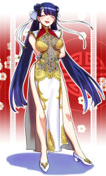 Rule 34 | 1girl, alternate costume, aoba (smartbeat), blunt bangs, blush, breasts, china dress, chinese clothes, closed eyes, commentary request, double bun, dress, earrings, fate/grand order, fate (series), full body, gloves, hair bun, hair ribbon, highres, jewelry, long hair, looking at viewer, martha (fate), martha (traveling outfit) (fate), medium breasts, navel, pelvic curtain, purple hair, ribbon, see-through, smile, solo, standing, very long hair, white dress, white footwear, white gloves, white ribbon