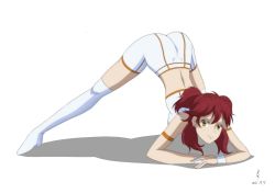 Rule 34 | 1girl, absurdres, armlet, artist request, ass, freckles, gundam, gundam 00, highres, jack-o&#039; challenge, long hair, midriff, nena trinity, red hair, solo, source request, two side up, wristband, yellow eyes