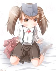 Rule 34 | 1girl, brown eyes, brown hair, brown skirt, unworn clothes, commentary request, dress shirt, japanese clothes, kantai collection, kariginu, looking at viewer, magatama, one-hour drawing challenge, pleated skirt, ryuujou (kancolle), shirt, simple background, sitting, skirt, socks, solo, suspenders, twintails, uraguchi hiiro, visor cap, wariza, white background, white shirt, white socks