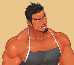Rule 34 | 1boy, apron, bad id, bad pixiv id, bara, biceps, black hair, brown eyes, close-up, collar, dark-skinned male, dark skin, facial hair, kuromine hiraya, large pectorals, long sideburns, male focus, manly, mature male, muscular, muscular male, open mouth, original, pectorals, sideburns, sleeveless, solo, spiked hair, stubble, thick arms, thick eyebrows, upper body