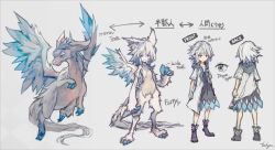 Rule 34 | absurdres, animal ears, blue eyes, body fur, character sheet, claws, diamond-shaped pupils, diamond (shape), dragon, dragon girl, dragon tail, dress, english text, furry, grey background, highres, japanese text, original, scyze, short hair, signature, simple background, standing, symbol-shaped pupils, tail, transformation, white hair, wings