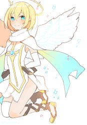 Rule 34 | 1girl, aqua eyes, arms behind back, blonde hair, elbow gloves, gloves, halo, karomura, niel (sennen sensou aigis), sennen sensou aigis, short hair, single thighhigh, smile, solo, thighhighs, white background, white wings, wings