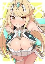 Rule 34 | 1girl, absurdres, bare shoulders, blonde hair, breasts, cleavage, dress, headpiece, highres, large breasts, leaning forward, light blush, long hair, looking at viewer, mythra (xenoblade), short dress, smile, solo, thigh strap, white dress, xenoblade chronicles (series), xenoblade chronicles 2, yoshikirino