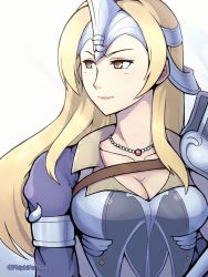 Rule 34 | 1girl, armor, blonde hair, breasts, closed mouth, collared shirt, fire emblem, fire emblem echoes: shadows of valentia, fire emblem heroes, frown, helm, helmet, jewelry, large breasts, looking to the side, mathilda (fire emblem), necklace, nintendo, phiphi-au-thon, shirt, solo, sunlight, upper body, yellow eyes