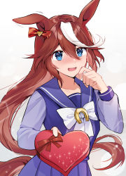 Rule 34 | 1girl, absurdres, akitsuki (oenothera), alternate hairstyle, animal ears, blue eyes, blush, bow, bowtie, box, brown hair, ear bow, gradient background, hair between eyes, hand up, heart-shaped box, highres, holding, holding box, horse ears, horse girl, horse tail, long hair, long sleeves, looking at viewer, motion lines, multicolored hair, nose blush, open mouth, pleated skirt, purple shirt, purple skirt, sailor collar, shirt, skirt, solo, streaked hair, tail, tokai teio (umamusume), umamusume, upper body, valentine, very long hair, white bow, white bowtie
