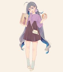Rule 34 | 1girl, ahoge, alternate costume, bag, beige background, blue eyes, blue hair, blush, casual, colis, doughnut, food, full body, grey hair, grey socks, holding, holding food, kantai collection, kiyoshimo (kancolle), long hair, low twintails, multicolored hair, open mouth, shoulder bag, simple background, smile, socks, solo, twintails, twitter username, very long hair, white footwear