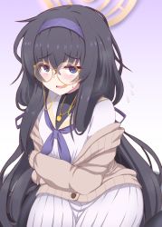 Rule 34 | 1girl, black hair, blue archive, blue eyes, blush, commentary request, eyewear strap, female focus, glasses, hair between eyes, halo, headband, ikue fuuji, long hair, looking at viewer, low twintails, open mouth, school uniform, simple background, solo, sweater, twintails, ui (blue archive)