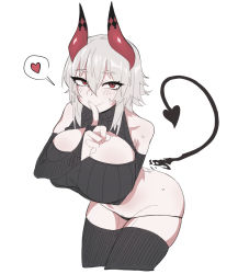 Rule 34 | 1girl, arm under breasts, bare shoulders, black bridal gauntlets, black horns, black panties, black shirt, black tail, black thighhighs, breast hold, breasts, bridal gauntlets, cleavage cutout, closed mouth, clothing cutout, crop top, cropped legs, crossed bangs, demon girl, demon horns, demon tail, detached tail, eyes visible through hair, finger to mouth, groin, hair between eyes, heart, highres, horns, index finger raised, large breasts, lowleg, lowleg panties, multicolored horns, nyong nyong, original, panties, red eyes, red horns, shirt, short hair, sidelocks, silver hair, simple background, sleeveless, sleeveless shirt, smile, solo, tail, thighhighs, underwear, white background