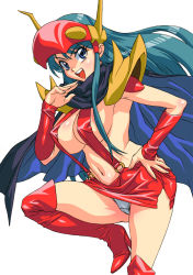 Rule 34 | 1990s (style), 1girl, armor, blue eyes, boots, breasts, cape, detached sleeves, duplicate, genji tsuushin agedama, green hair, highres, kei (bekei), kuki rei, long hair, open mouth, panties, pauldrons, revealing clothes, shoulder armor, solo, thighhighs, underwear