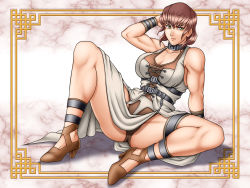 Rule 34 | 1girl, bare shoulders, belt, bracelet, breasts, brown hair, choker, cleavage, female focus, full body, gensou suikoden, gensou suikoden ii, green eyes, high heels, highres, jewelry, kitamura (bamboo), loincloth, muscular, oulan (suikoden), red hair, short hair, sitting, solo, spread legs, wristband