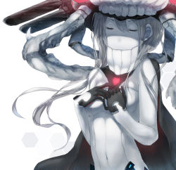Rule 34 | 10s, 1girl, abyssal ship, bad id, bad pixiv id, black gloves, bodysuit, breasts, cape, covered navel, closed eyes, gloves, hadean92, hands on own chest, hat, hex grid, kantai collection, long hair, pale skin, silver hair, small breasts, solo, upper body, wo-class aircraft carrier