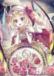 Rule 34 | 1girl, :o, ascot, back bow, blonde hair, bow, commentary request, crystal, dress, drill hair, feet out of frame, flandre scarlet, flower, gears, gloves, grey rose, hands up, hat, hat ribbon, here (hr rz ggg), highres, kneeling, leaning on object, long hair, looking at viewer, mob cap, neck ribbon, open mouth, pink flower, pink rose, puffy short sleeves, puffy sleeves, red dress, red eyes, red ribbon, ribbon, rose, short sleeves, side drill, solo, touhou, white ascot, white gloves, wings, yellow ribbon