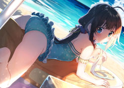 Rule 34 | 1girl, ahoge, aqua eyes, ass, back, backless swimsuit, beach, breasts, brown hair, day, frilled swimsuit, frills, gurasion (gurasion), hair ribbon, hinatsuru ai, long hair, looking at viewer, looking back, low twintails, lying, on stomach, one-piece swimsuit, outdoors, polka dot, ribbon, ryuuou no oshigoto!, sand, scrunchie, small breasts, swimsuit, twintails, very long hair
